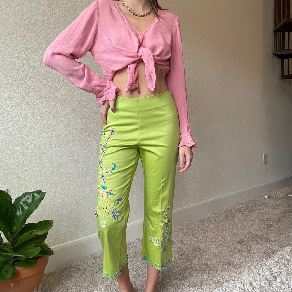 Lime green embroidered beaded Boston Proper pants
